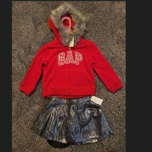 NWT BABY GAP GIRLS 12-18 MONTHS RED FAUX FUR ARCH HOODIE SILVER METALLIC SKIRT